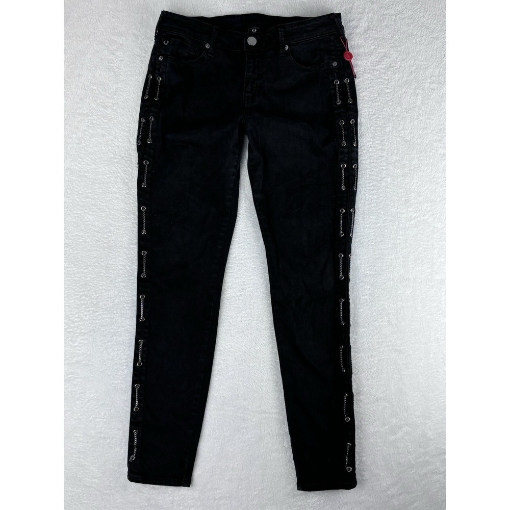 True Religion Jeans Womens 31 Black Halle Mid Rise Super Skinny Curb Chain Jeans